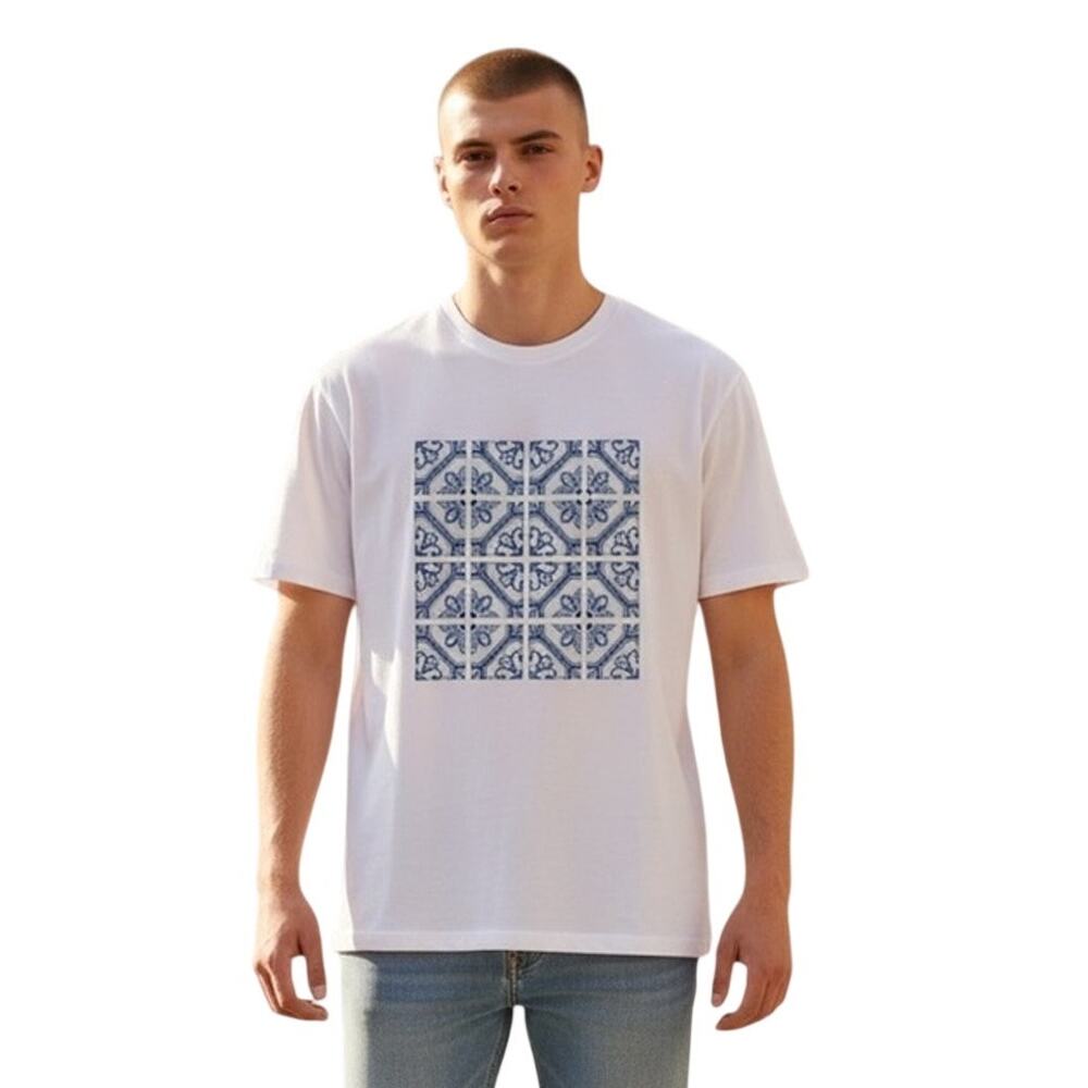 Murano White and Blue Graphic T-Shirt Portuguese tile inspired design Size L